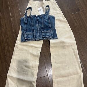 Denim Crop Top and Beige Wide-Leg Pants Set